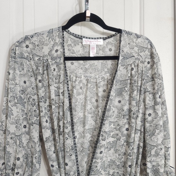 Oscar De La Renta Pink Label Robe Womens M White Black Floral Tie 3/4 Sleeve - Picture 3 of 10